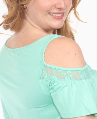 Plus Size Cold Shoulder Lace Trim Knit Top