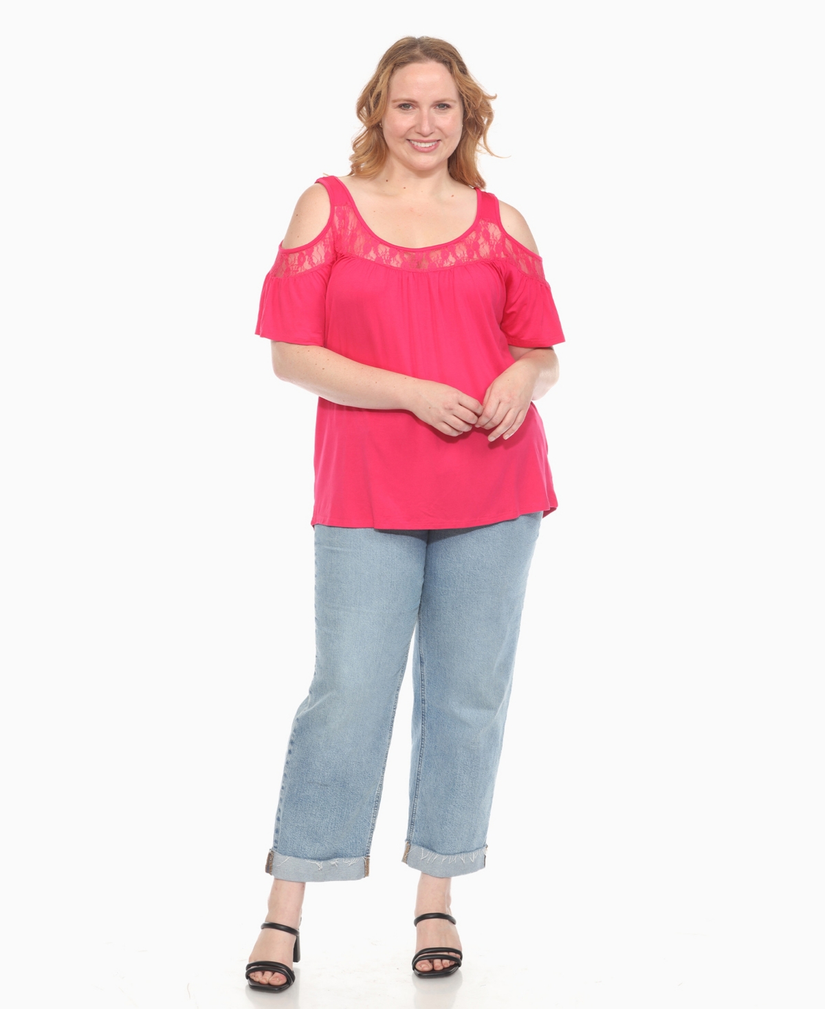 White Mark Plus Size Cold Shoulder Lace Trim Knit Top