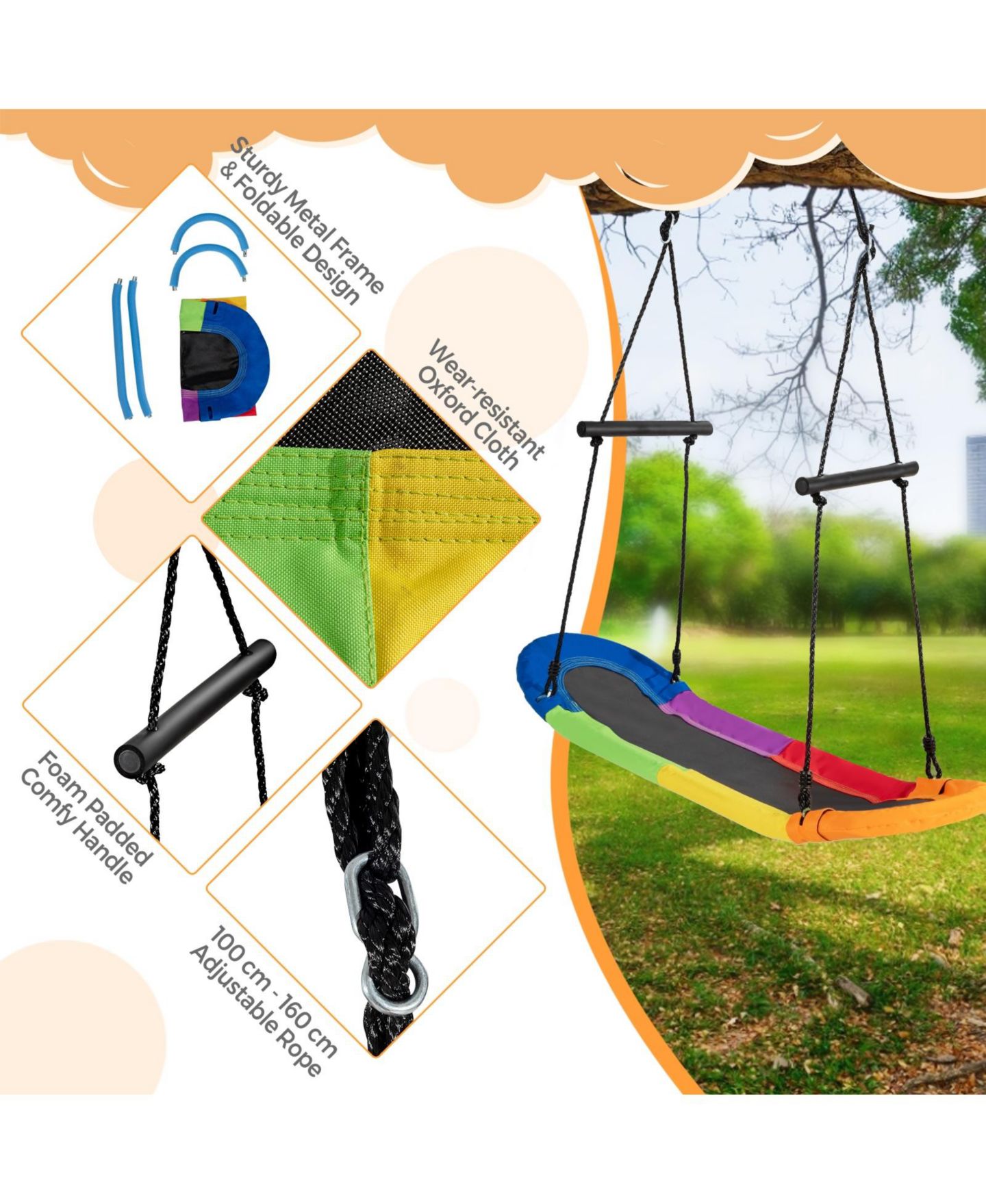 Детские игрушки Mecale Saucer Tree Swing Surf Kids Outdoor Adjustable Oval Platform Set with Handle, цвет: Чёрный — фото 8