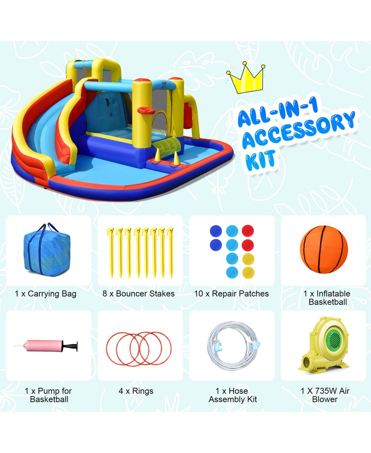 Детская игрушка Mecale 7-in-1 Inflatable Water Slide with 735W Air Blower, Splash Pool, Ages 3+, цвет: Синий — фото 6