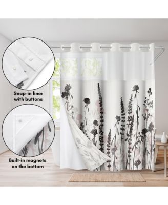 Hookless Floral Shower Curtain with Sheer Panel, Snap-In Liner & Grommets, 72" x 75"
