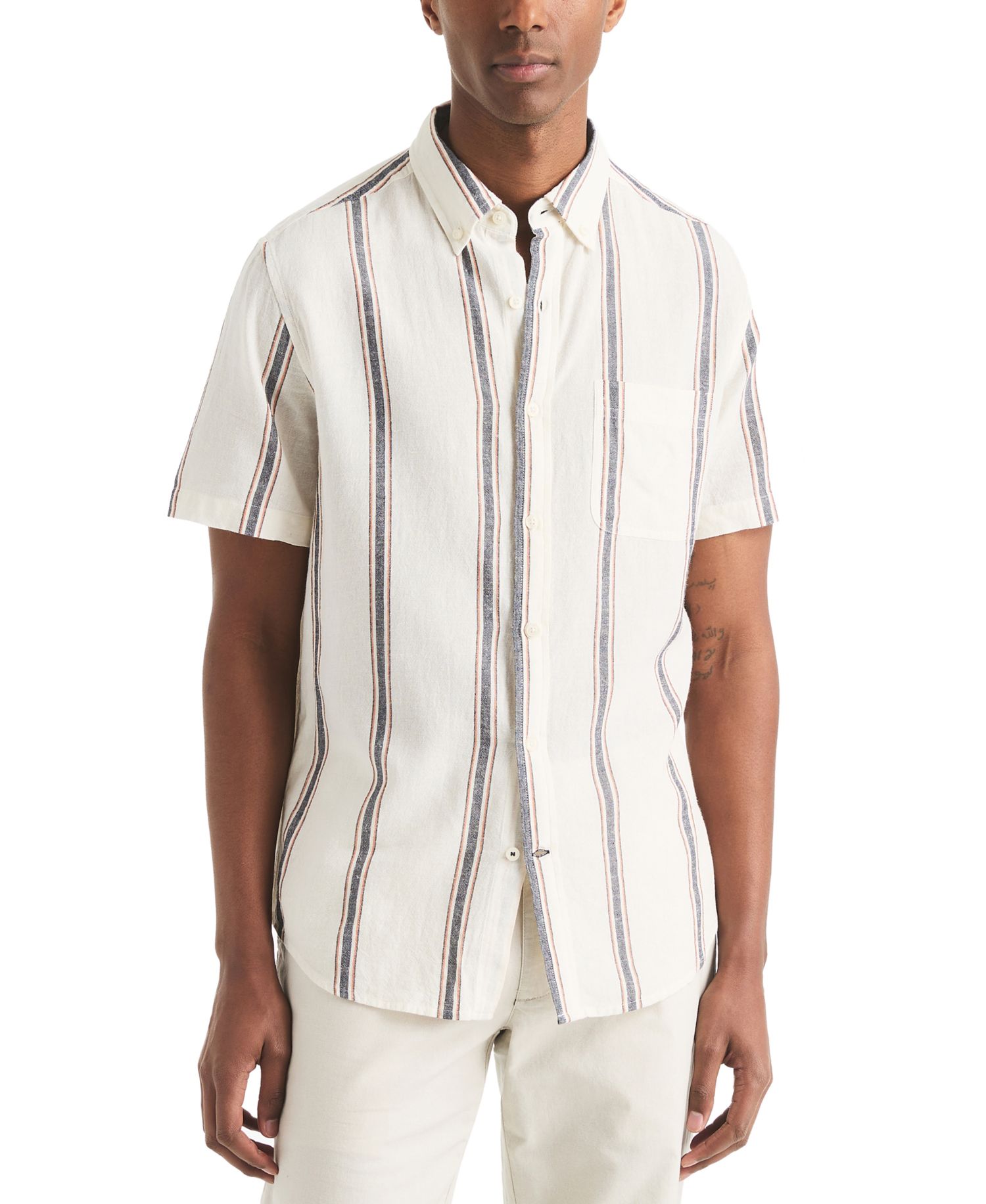 Men's Short Sleeve Striped Linen Blend Button-Down Shirt