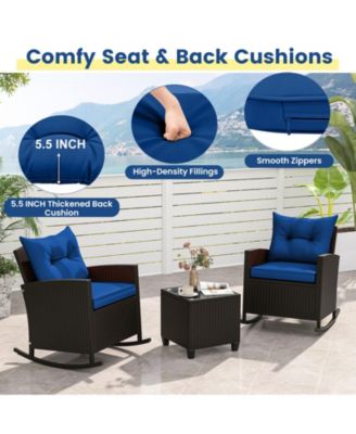 3-Piece Patio Rattan Roker Chairs with Tempered Glass Table and Soft Cushions