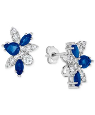 Macy's - Sapphire (1-5/8 ct. t.w.) & Diamond (5/8 ct. t.w.) Mixed Cut Cluster Stud Earrings in 14k White Gold