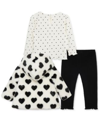Baby Girls Hearts Faux-Fur Jacket, T-Shirt & Pants, 3 Piece Set