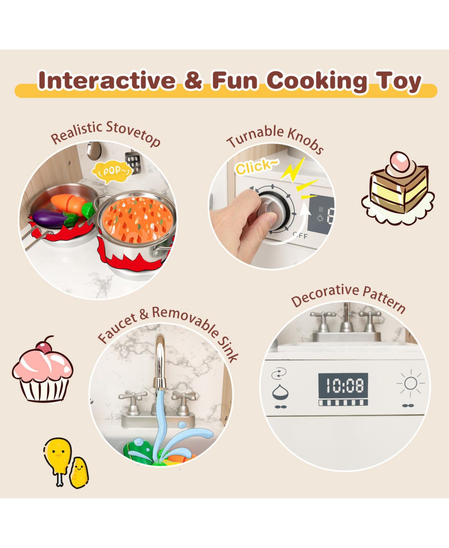 Детские игрушки Mecale Wooden Adjustable LED Lights Removable Fabric Bins 19-Piece Play Kitchen, Ages 3+, цвет: Белый — фото 7