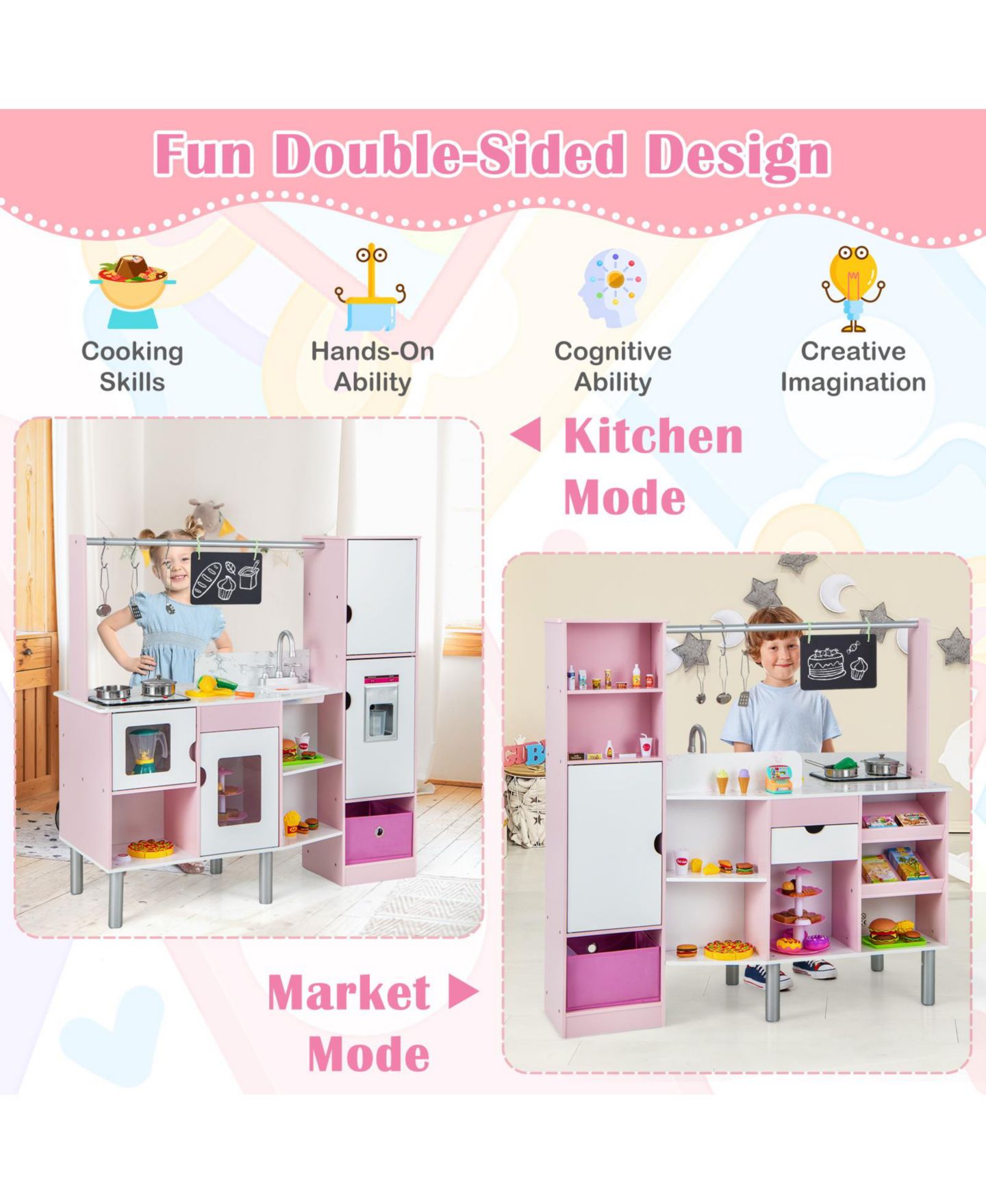 Детская игрушка Mecale 2-in-1 Double-Sided Kitchen and Market with Light and Sound, 82-Piece Playset, Ages 3+, цвет: Розовый — фото 6