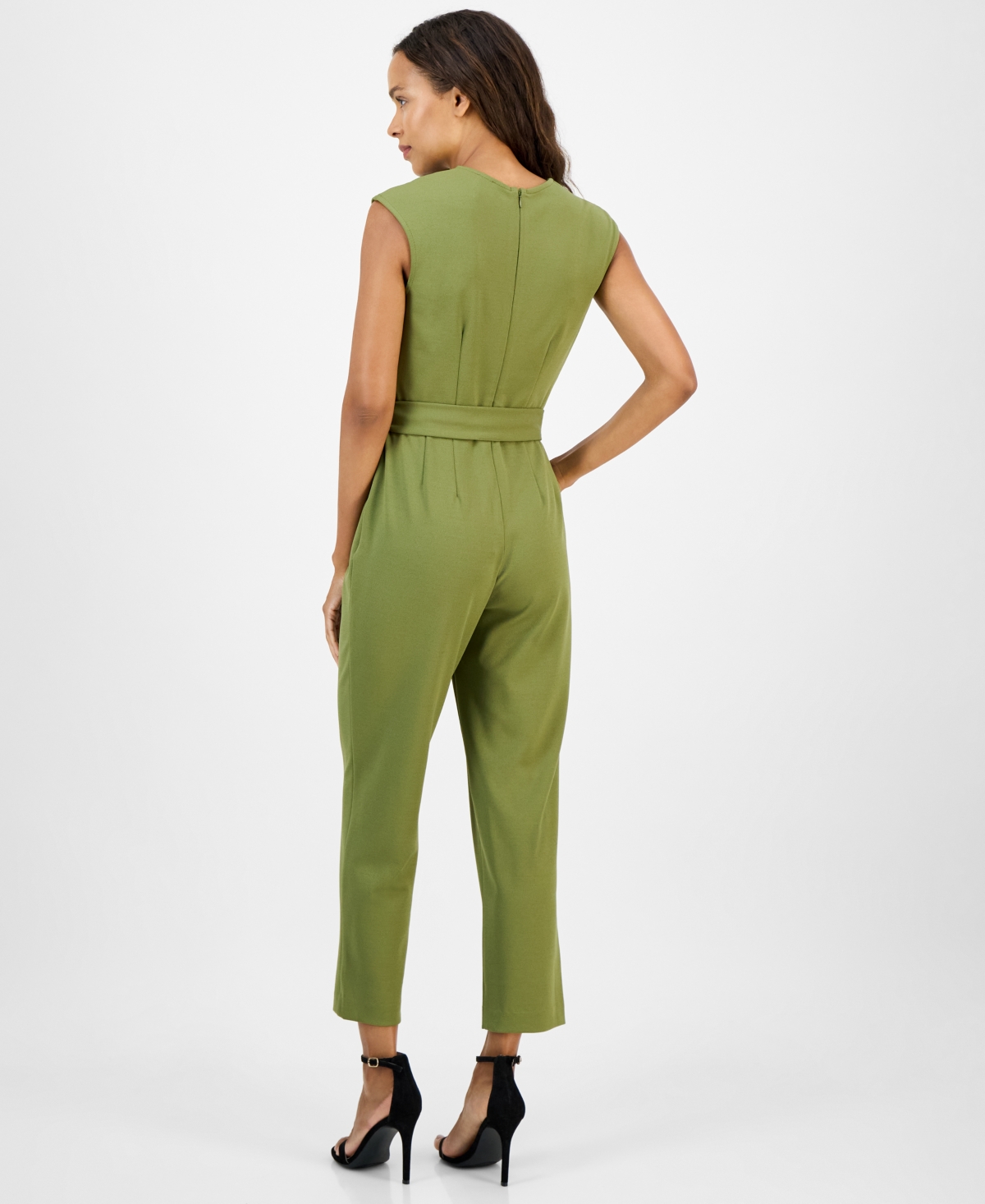Ak Anne Klein Petite V-neck Belted Crepe Jumpsuit