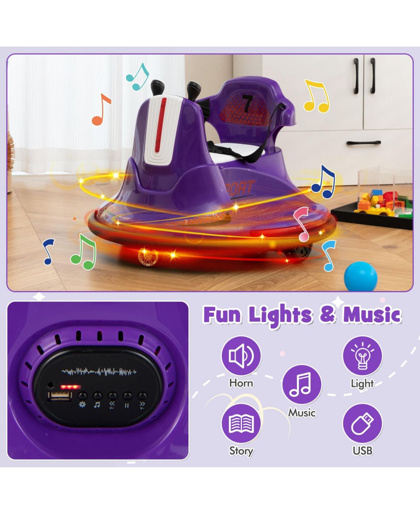 Детская игрушка Mecale 12V Remote Control Bumper Car, 66 lbs Capacity, Ages 3-7 Years, цвет: Фиолетовый — фото 4