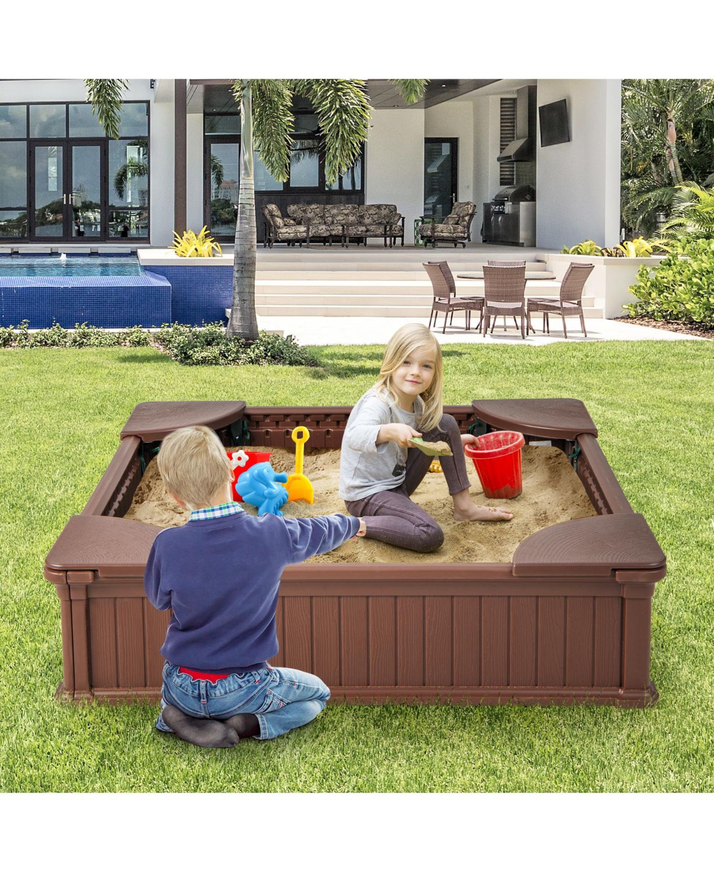 Детская игрушка Mecale Kids Outdoor Sandbox with Oxford Cover and 4 Corner Seats, цвет: Коричневый — фото 7