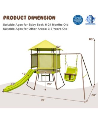 4-in-1 Swing Set with Covered Playhouse Fort and Height Adjustable Baby Seat