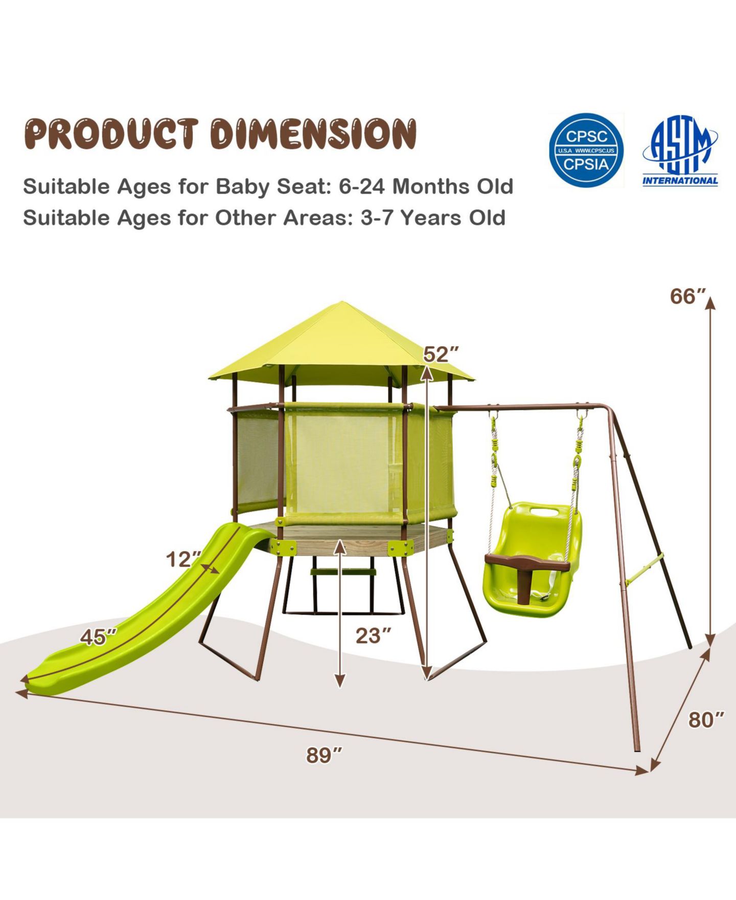 Детские игрушки Mecale 4-in-1 Metal Playhouse Fort Swing Set with Height-Adjustable Baby Seat, Ages 6 Months-12 Years, цвет: Жёлтый — фото 2