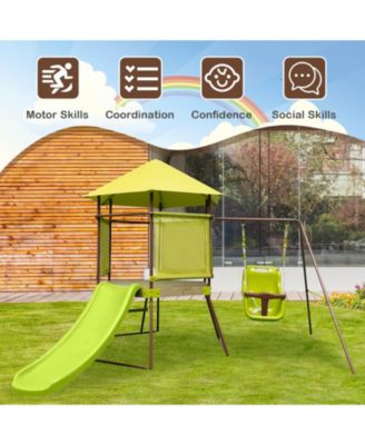 4-in-1 Swing Set with Covered Playhouse Fort and Height Adjustable Baby Seat