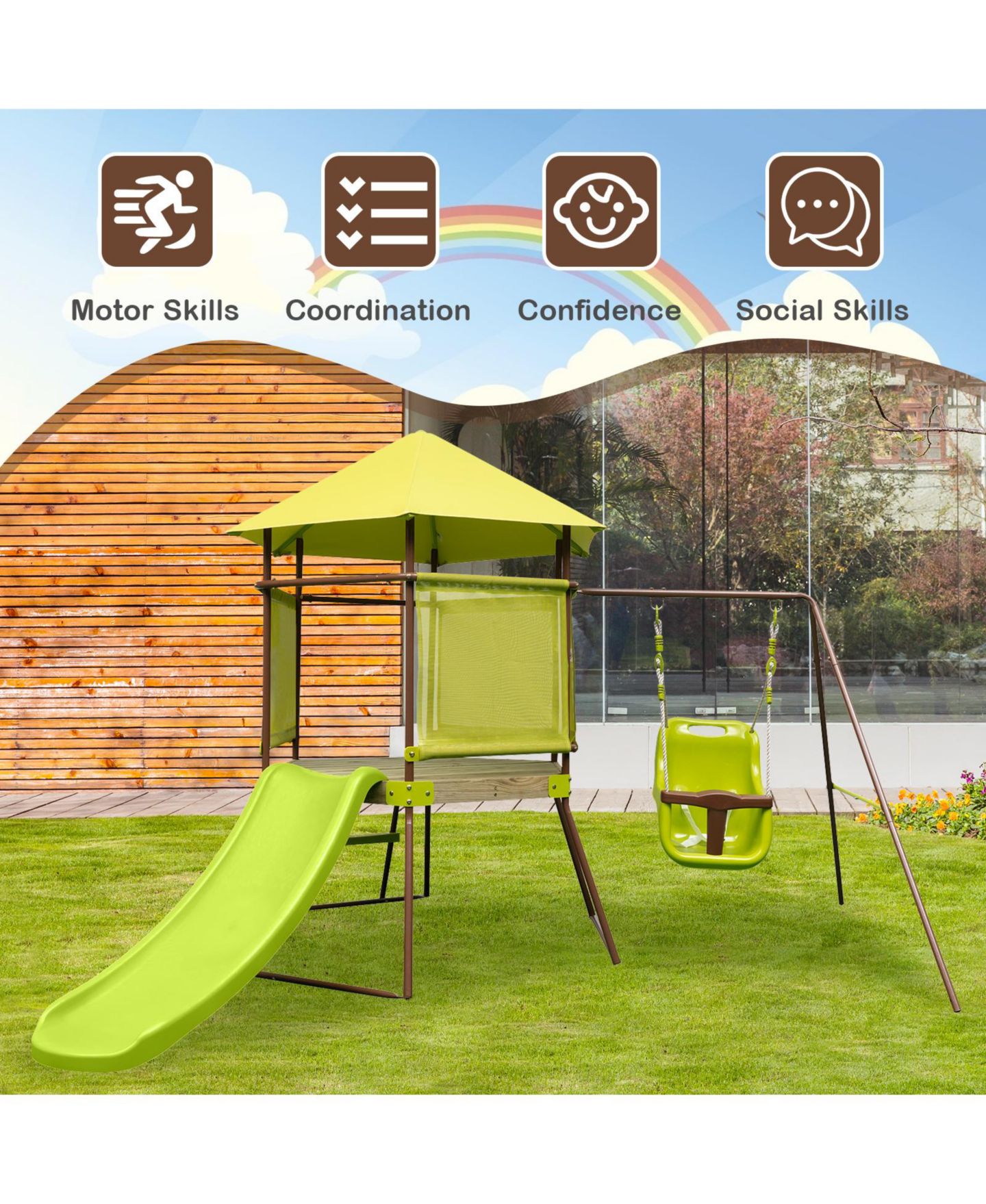 Детские игрушки Mecale 4-in-1 Metal Playhouse Fort Swing Set with Height-Adjustable Baby Seat, Ages 6 Months-12 Years, цвет: Жёлтый — фото 9