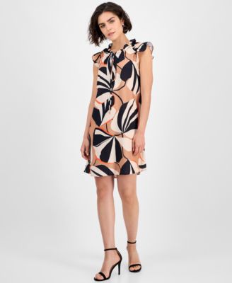 Robbie Bee - Women's Printed Ruffle-Neck Cap-Sleeve Dress
