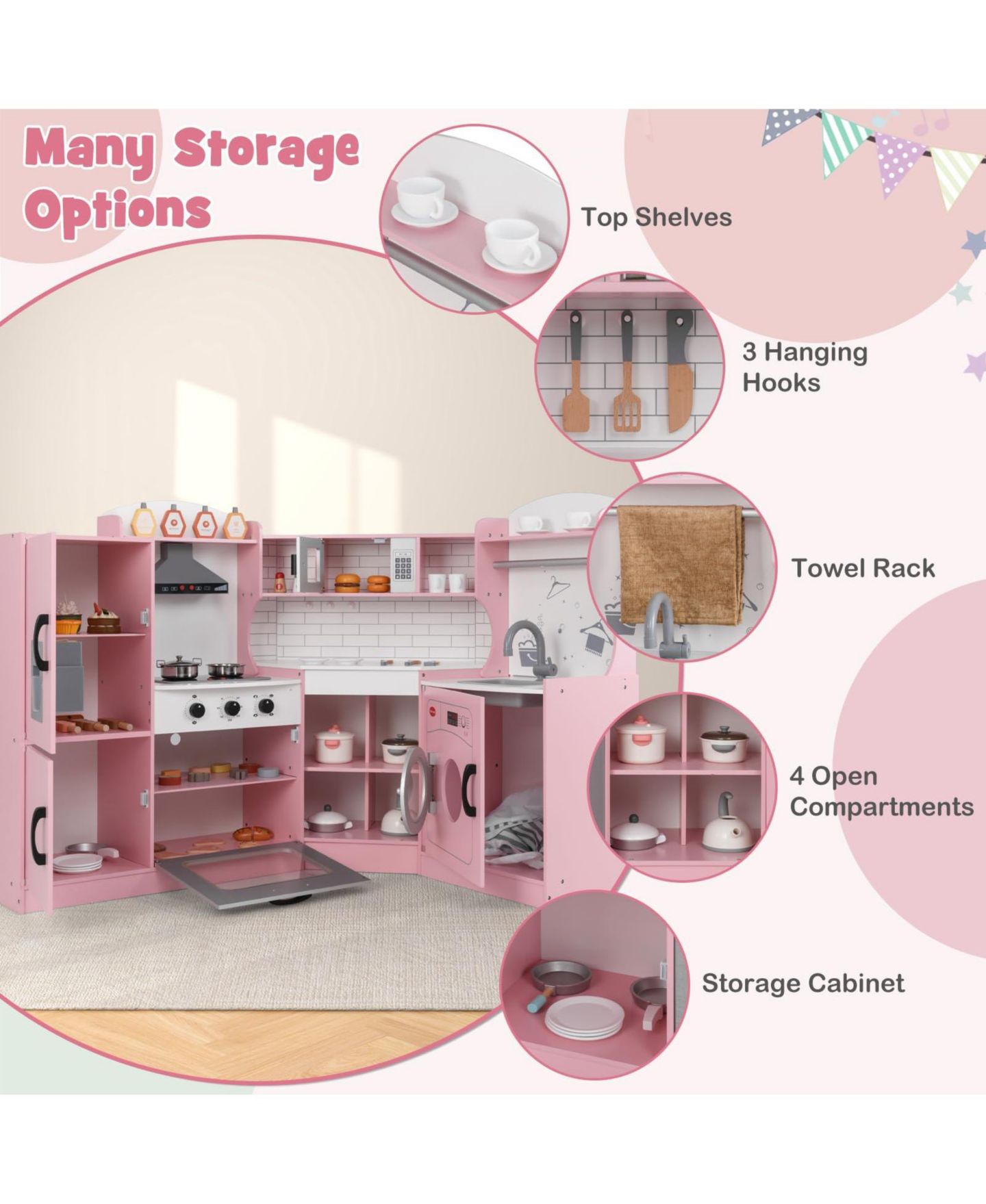 Детская игрушка Mecale Corner Wooden Play Kitchen, Ages 3+, цвет: Розовый — фото 7