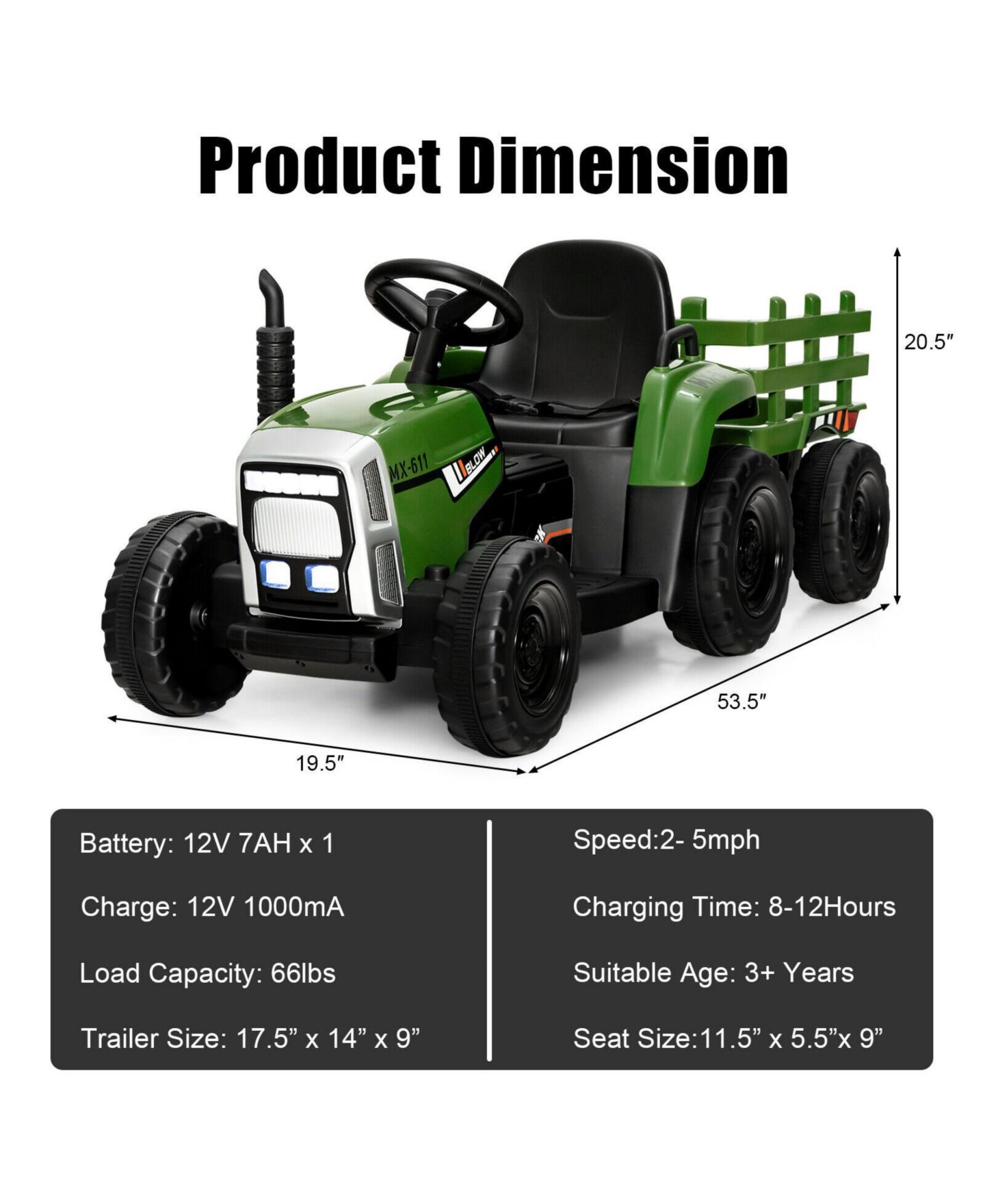 Детская игрушка Mecale 12V Ride on Tractor with 3-Gear-Shift Ground Loader for Kids 3+ Years Old, цвет: Зелёный — фото 3