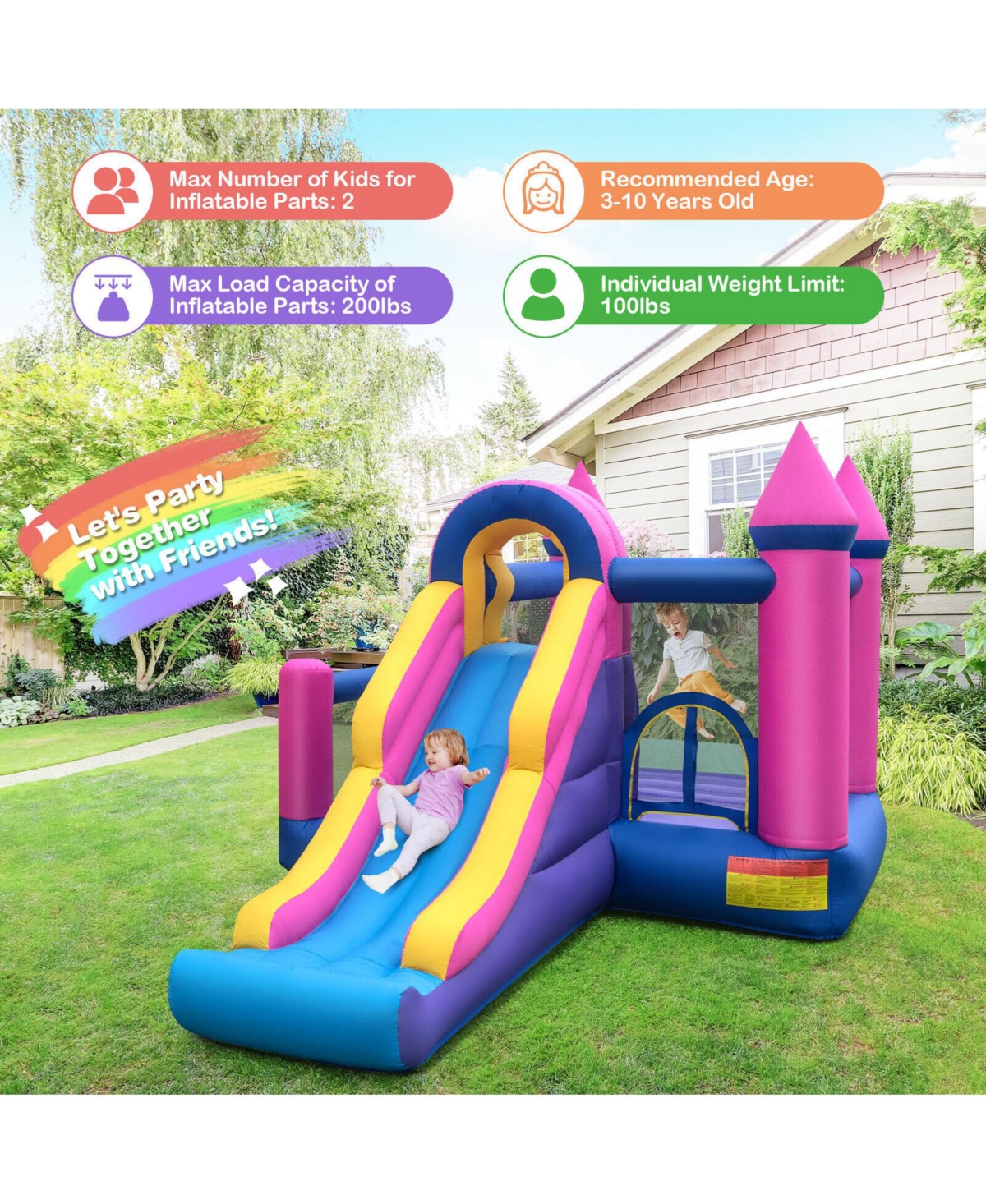 7-in-1 Kids Inflatable Bounce House with Long Slide and 735W Blower