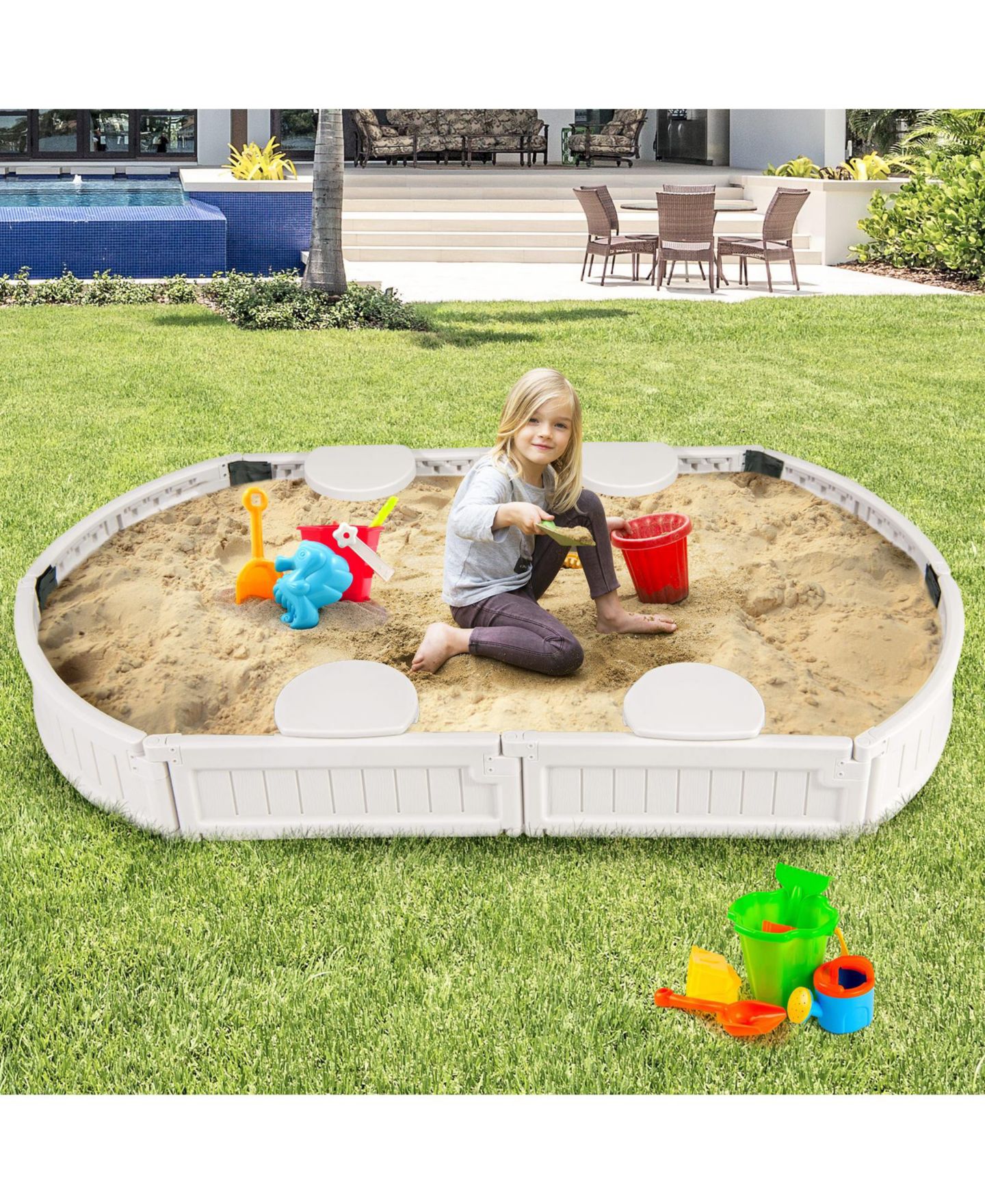 Детская игрушка Mecale 6 Feet Kids Oval Sandbox with Built-in Corner Seat and Bottom Liner, цвет: Белый — фото 4