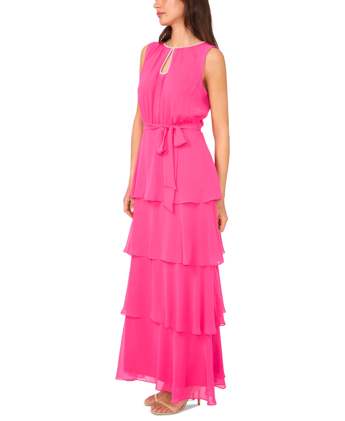 Msk Women's Keyhole-neck Sleeveless Tiered Chiffon Gown