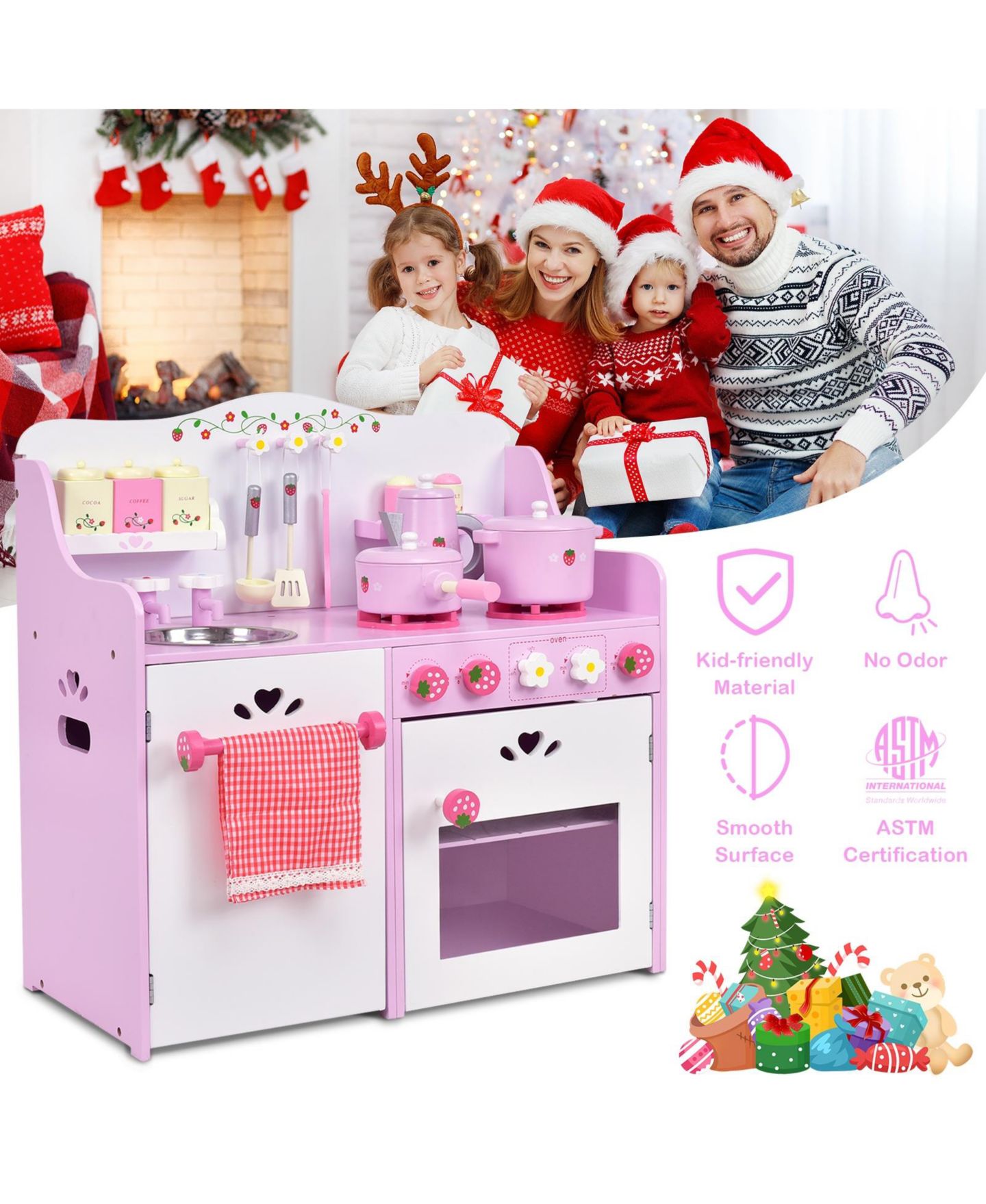 Детский игровой набор Mecale Strawberry Wooden Play Kitchen Playset, Ages 3+, цвет: Розовый — фото 6
