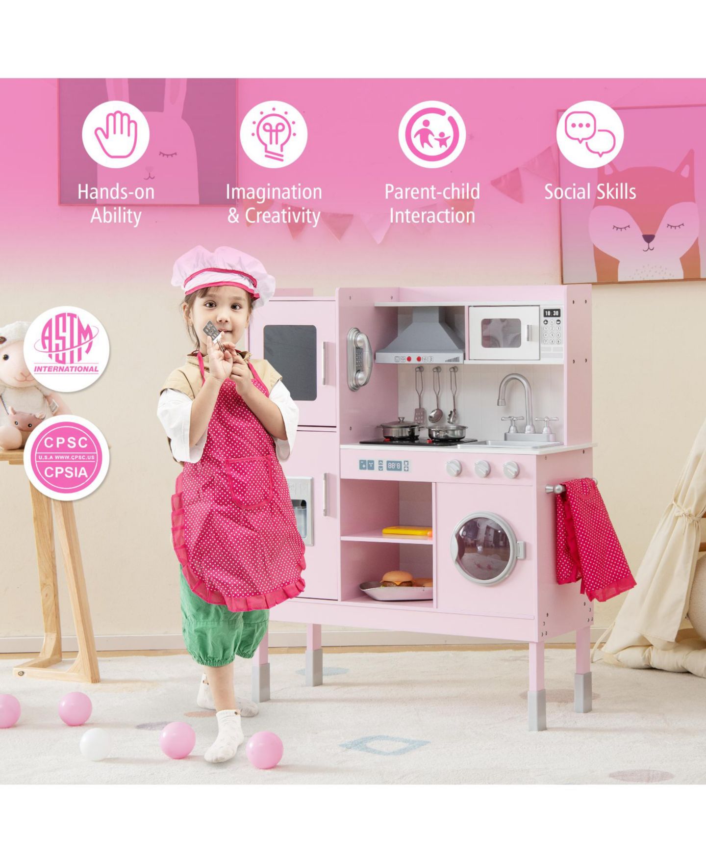 Детские игрушки Mecale Height-Adjustable Play Kitchen, 16-Piece Set, Ages 3+, цвет: Розовый — фото 5