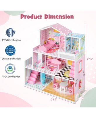 Kids Wooden Dollhouse Playset with 5 Simulated Rooms and 10 Pieces of Furniture