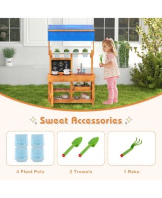 Wooden Pretend Play Kitchen with Height Adjustable Canopy for Kids