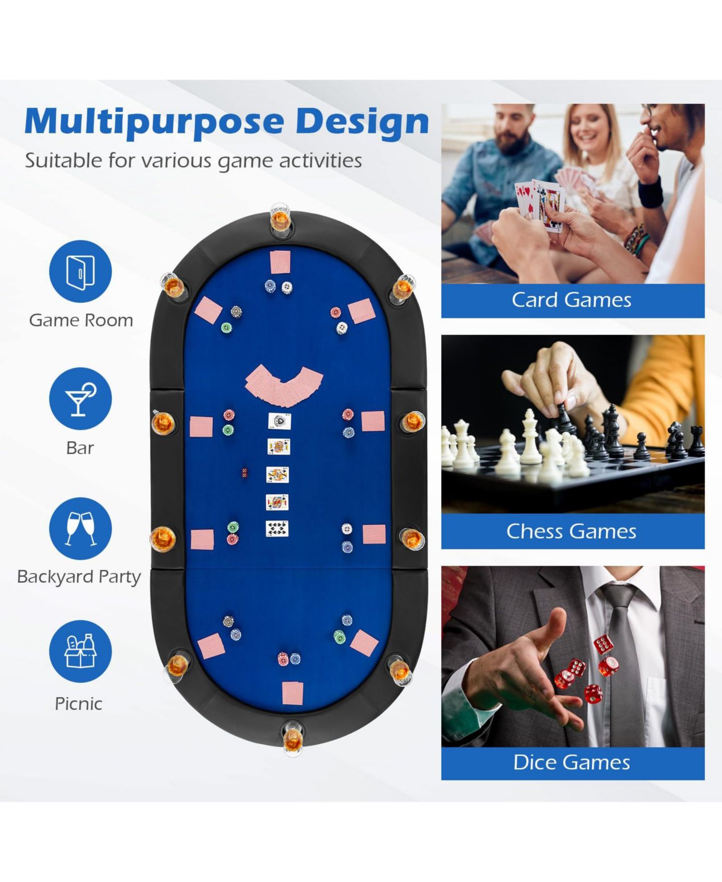 Детские игрушки Mecale 84" x 42" 10-Player Foldable Padded Poker Table Top, Ages 14+, цвет: Синий — фото 5