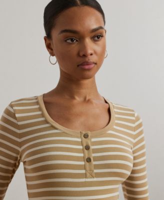 Women's Striped Elbow-Sleeve Henley Top