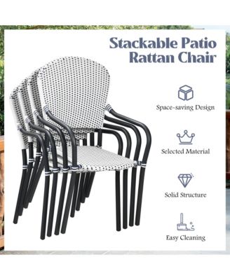 Set of 4 Patio Rattan Dining Chairs Stackable Armrest No Assembly