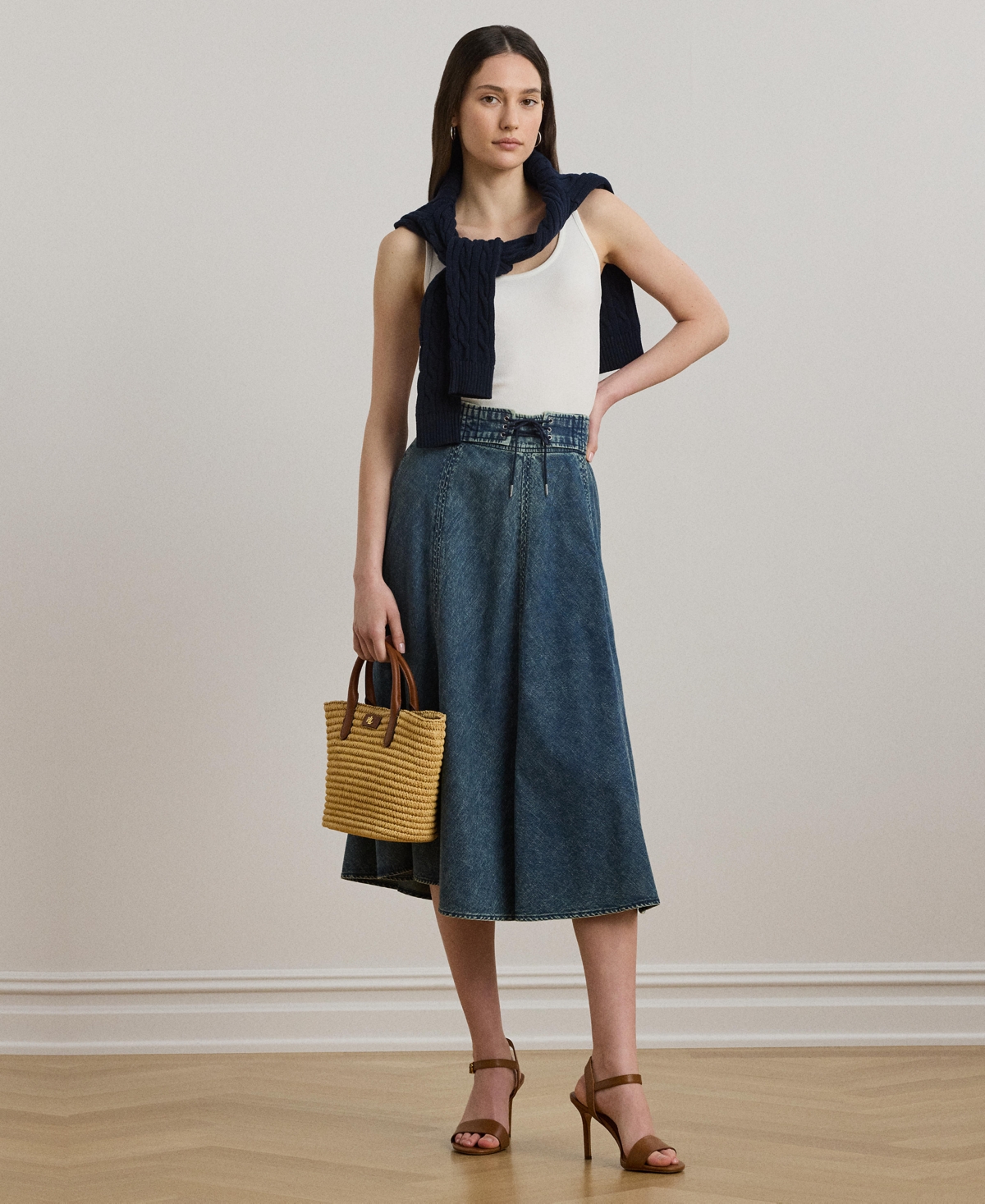 Women's Denim Drawcord Midi Skirt - Haze Wash