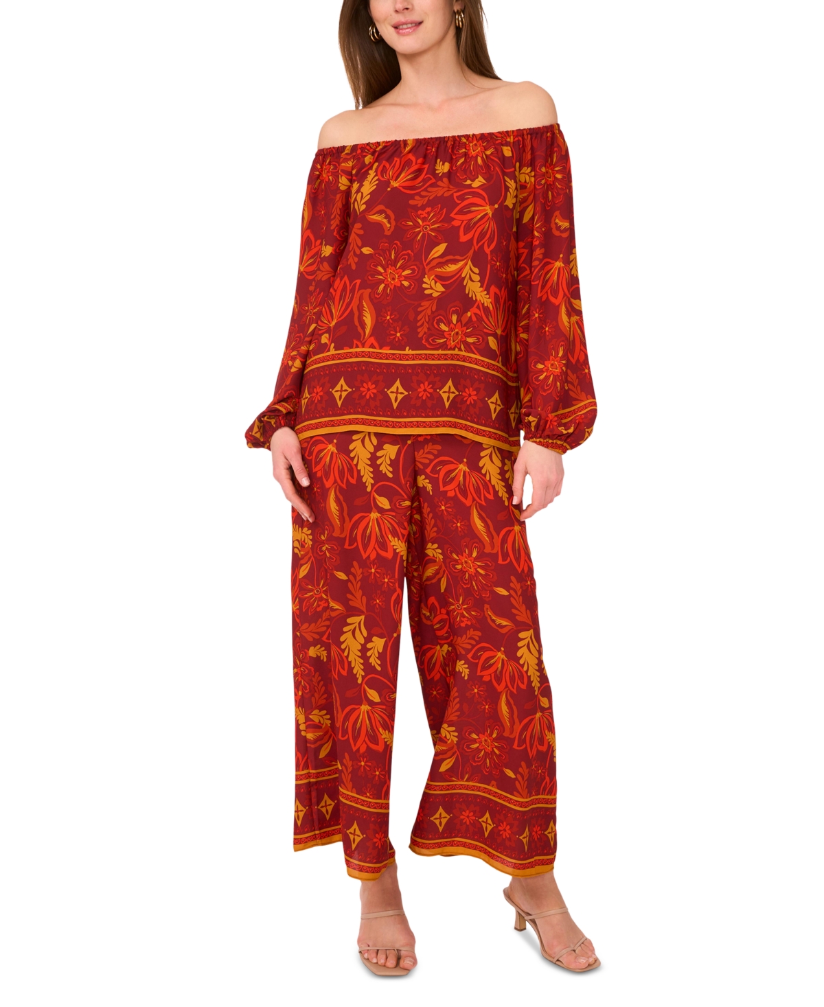 Women's Printed Pull-On Wide-Leg Pants - Chili