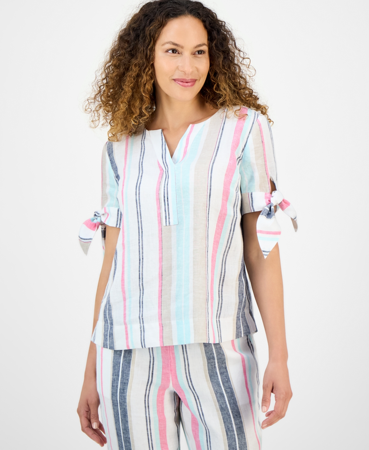 Petite Linen Striped Tie-Cuff Short-Sleeve Top, Exclusively at Macy's - Bright White
