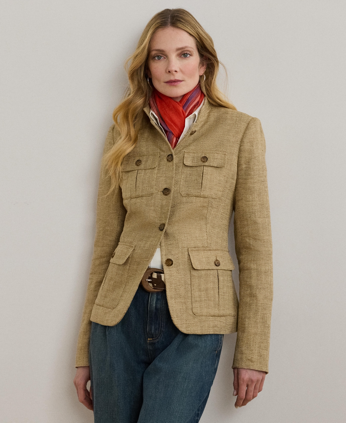 Women's Herringbone Linen Jacket - Light Brown/Tan