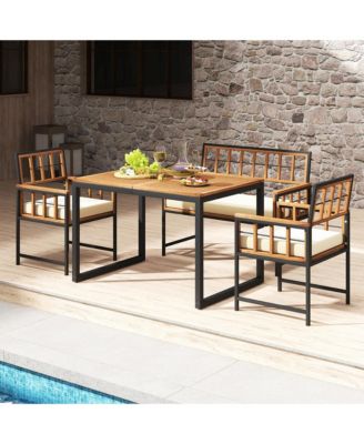 4 PCS Acacia Wood Patio Dining Set w/ 1 Rectangular Table 1 Loveseat & 2 Armchairs