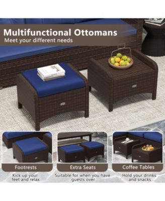 2 Pieces Outdoor Patio PE Wicker Ottomans with Removable Cushions-Navy