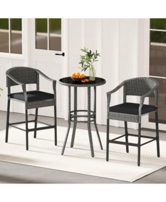 3-Piece Patio Rattan Bar Set with Tempered Glass Top for Backyard Poolside-Gray