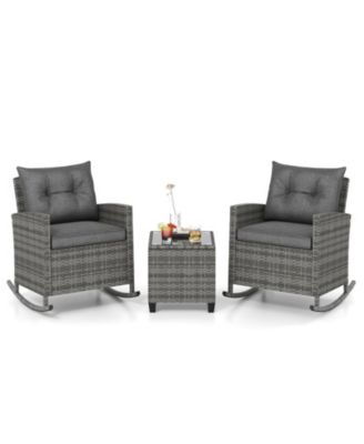 3-Piece Patio Rattan Roker Chairs with Tempered Glass Table and Soft Cushions