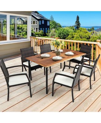 7PCS Patio Dining Furniture Set w/ Wooden Tabletop Cushion Umbrella Hole