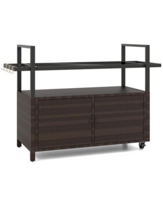 Outdoor Bar Cart Wicker Buffet Serving Cart with Cabinet and 8 Hooks