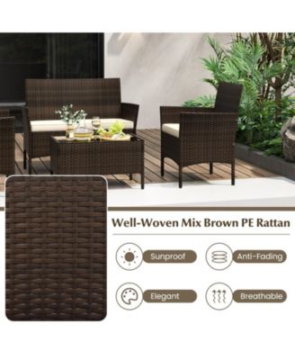 4 Piece Patio Rattan Conversation Set with Cozy Seat Cushions-Beige
