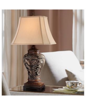 Traditional Table Lamps 32.5" Tall Set of 2 Bronze Curling Leaves Tan Rectangular Shade for Living Room Family Bedroom Bedside
