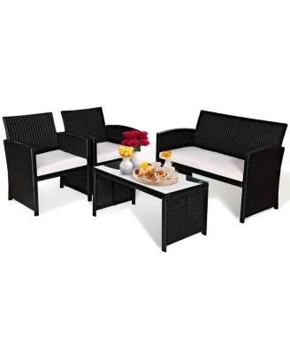 4PCS Rattan Patio Conversation Set Outdoor w/ Coffee Table Cushioned Sofa