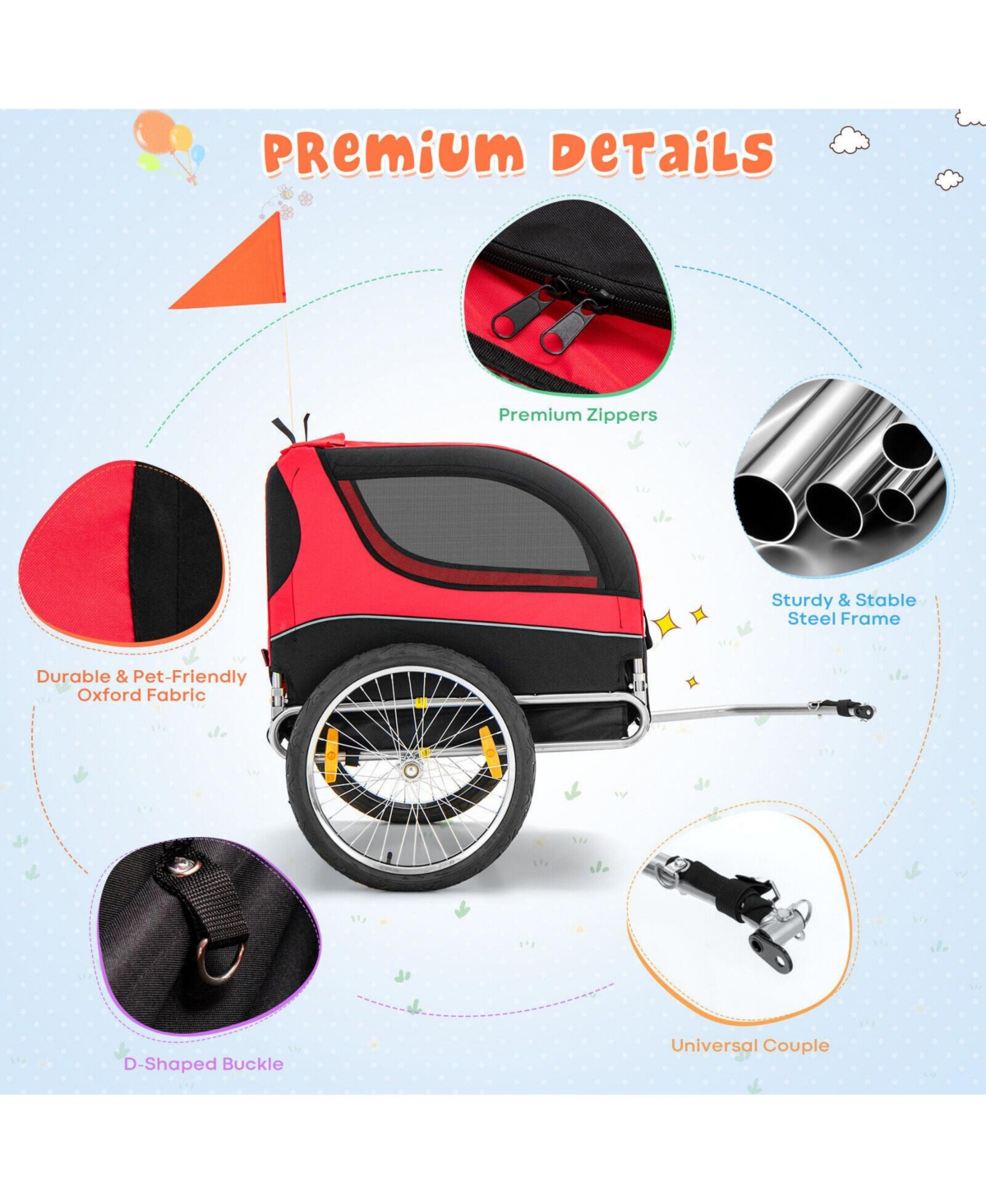 Dog Bike Trailer Foldable Pet Cart with 3 Entrances for Travel