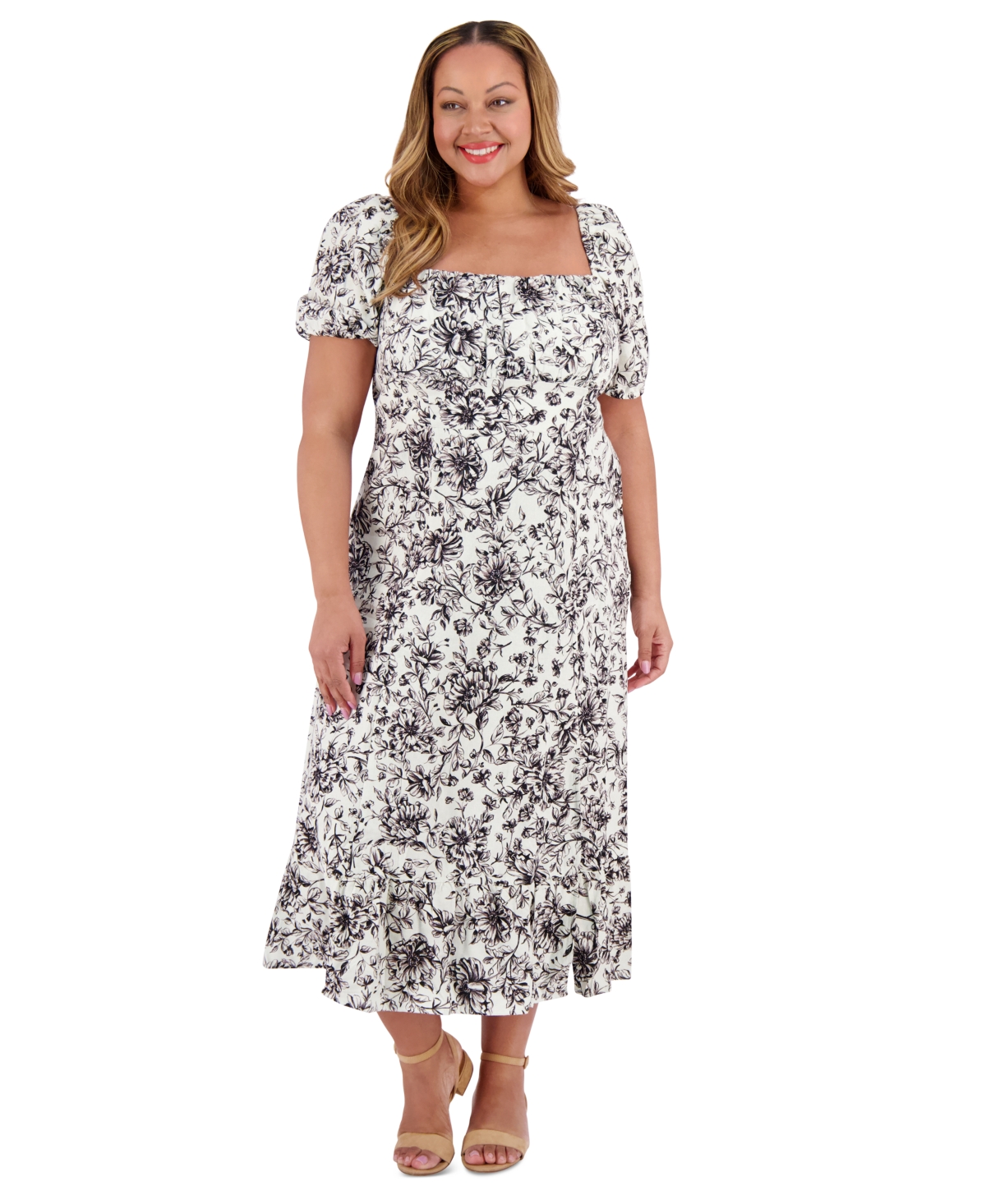 London Times Plus Size Printed Puff-sleeve Maxi Dress