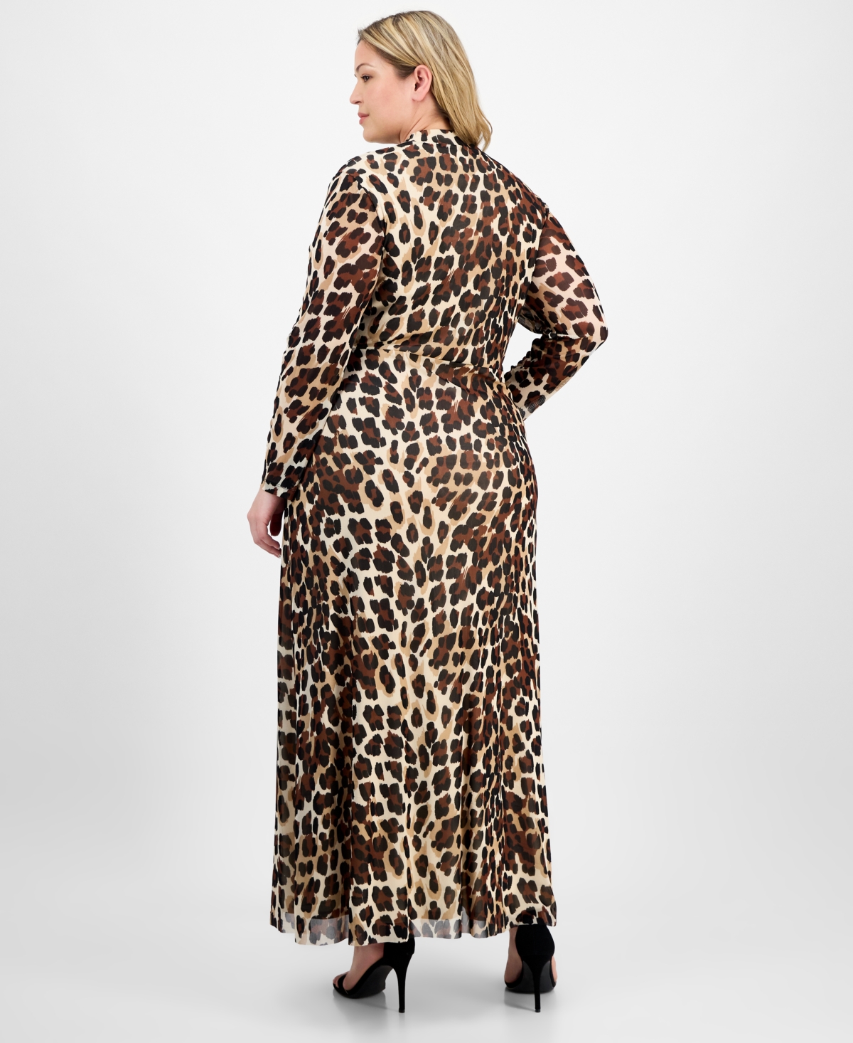 Anne Klein Plus Size Printed Mesh Long-sleeve Maxi Dress In Brown