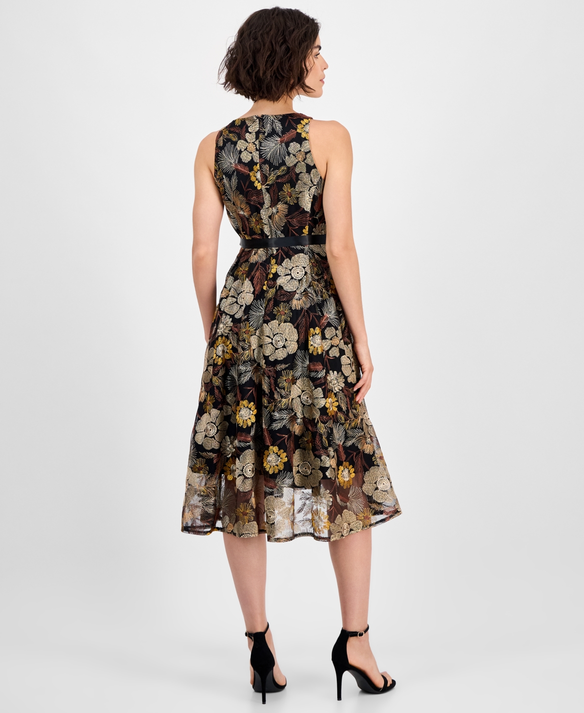 Tahari Asl Embroidered Tie Waist Sleeveless Midi Dress In Black