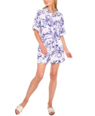 Womens Printed Cotton Collared Button Front Shirt Printed Cotton Pull On Shorts