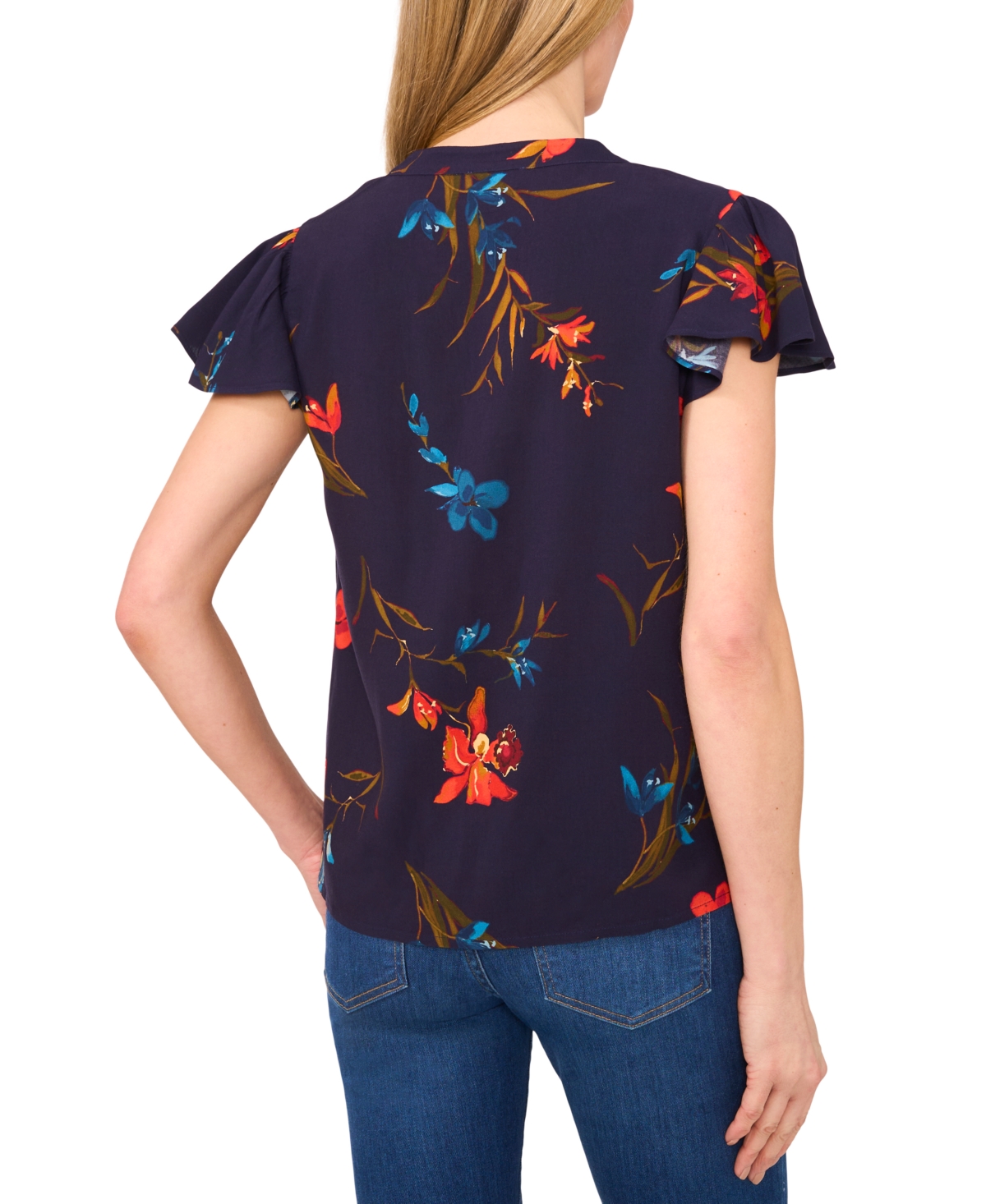 Cece Women's Floral-print Flutter-sleeve Top In Blue